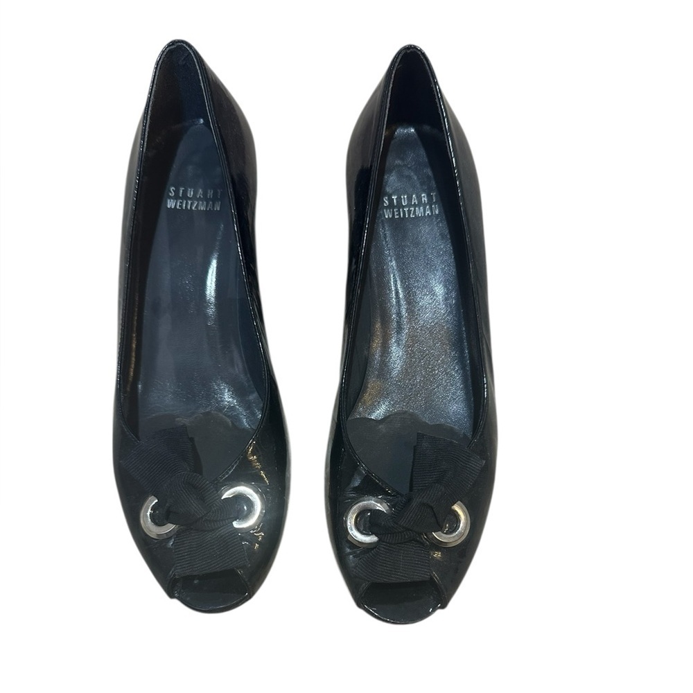 Stuart Weitzman Black Patent w Grosgrain Bow Open Toe Kitten Heel